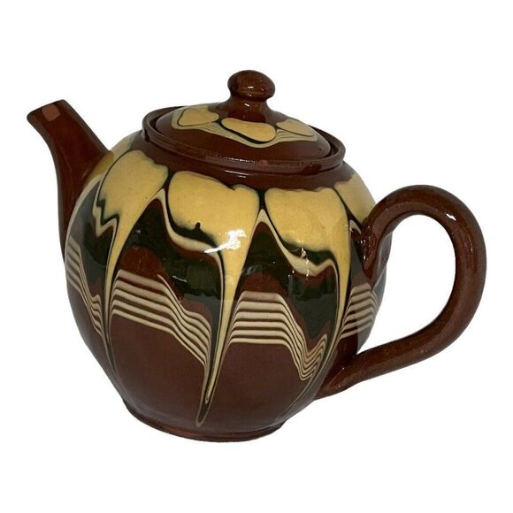 Vintage Redware Teapot Made Bulgaria Flower Fading Brown Yellow Drip Glaze READ - Picture 4 of 14